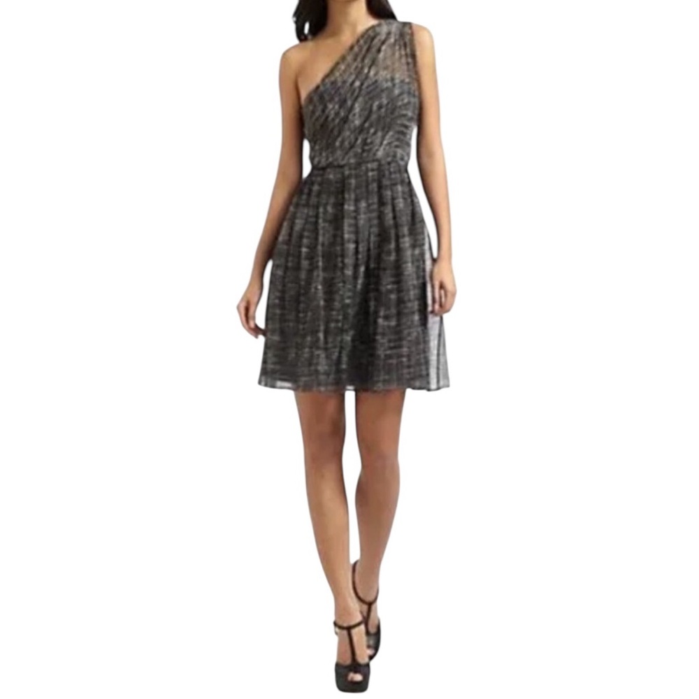 Alice + Olivia "Gwendolyn"  Black/Grey  One-Shoulder Silk-Blend Dress 4